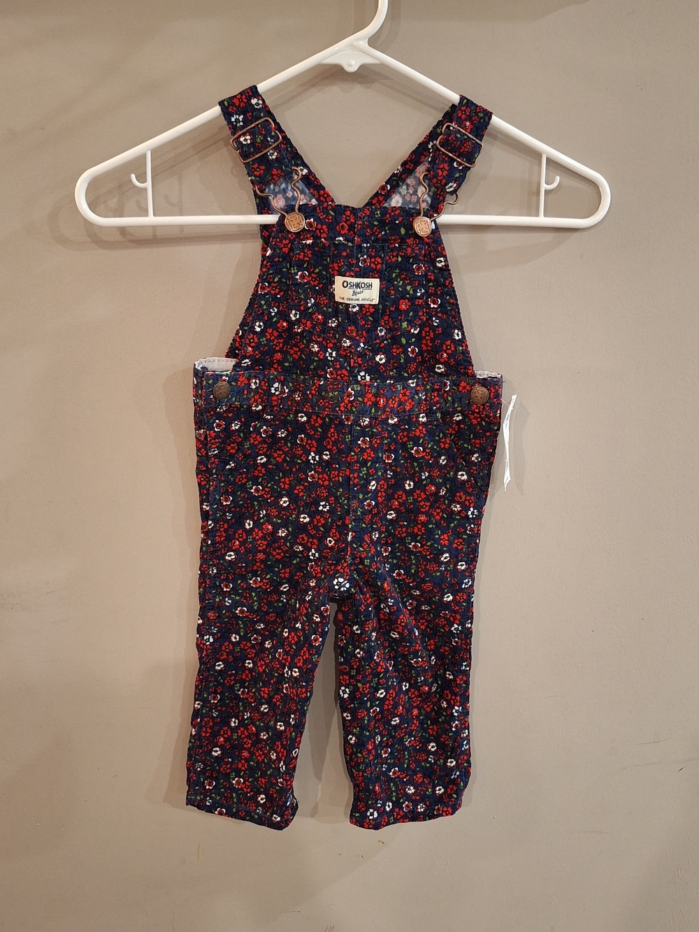 OshKosh B'gosh Navy Floral Corduroy Overalls Red and Green Flowers 12 Months